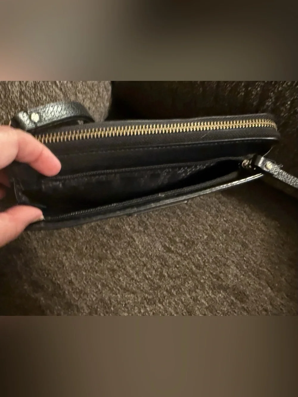 kate spade Black Leather Zip Wristlet/Wallet with Gold Hardware large 8”W X 4”H